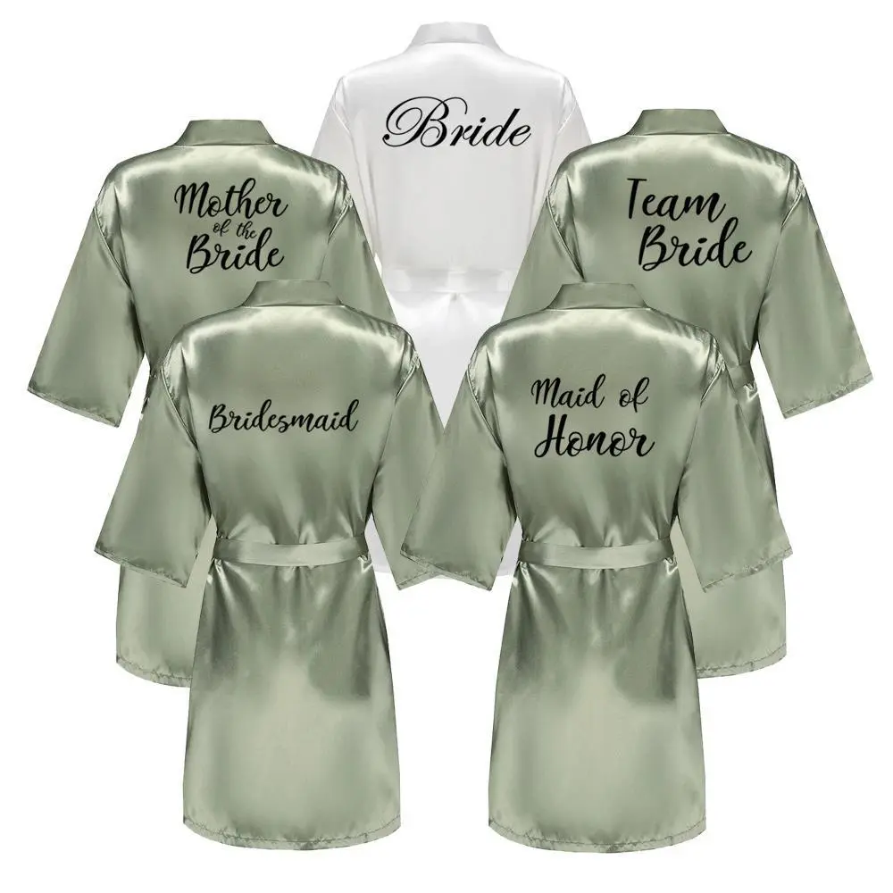 Wedding Party Bridesmaid Maid of Honor Robe With Black Writing Letter Women Lady Grass Green Satin Bathrobe Kimono