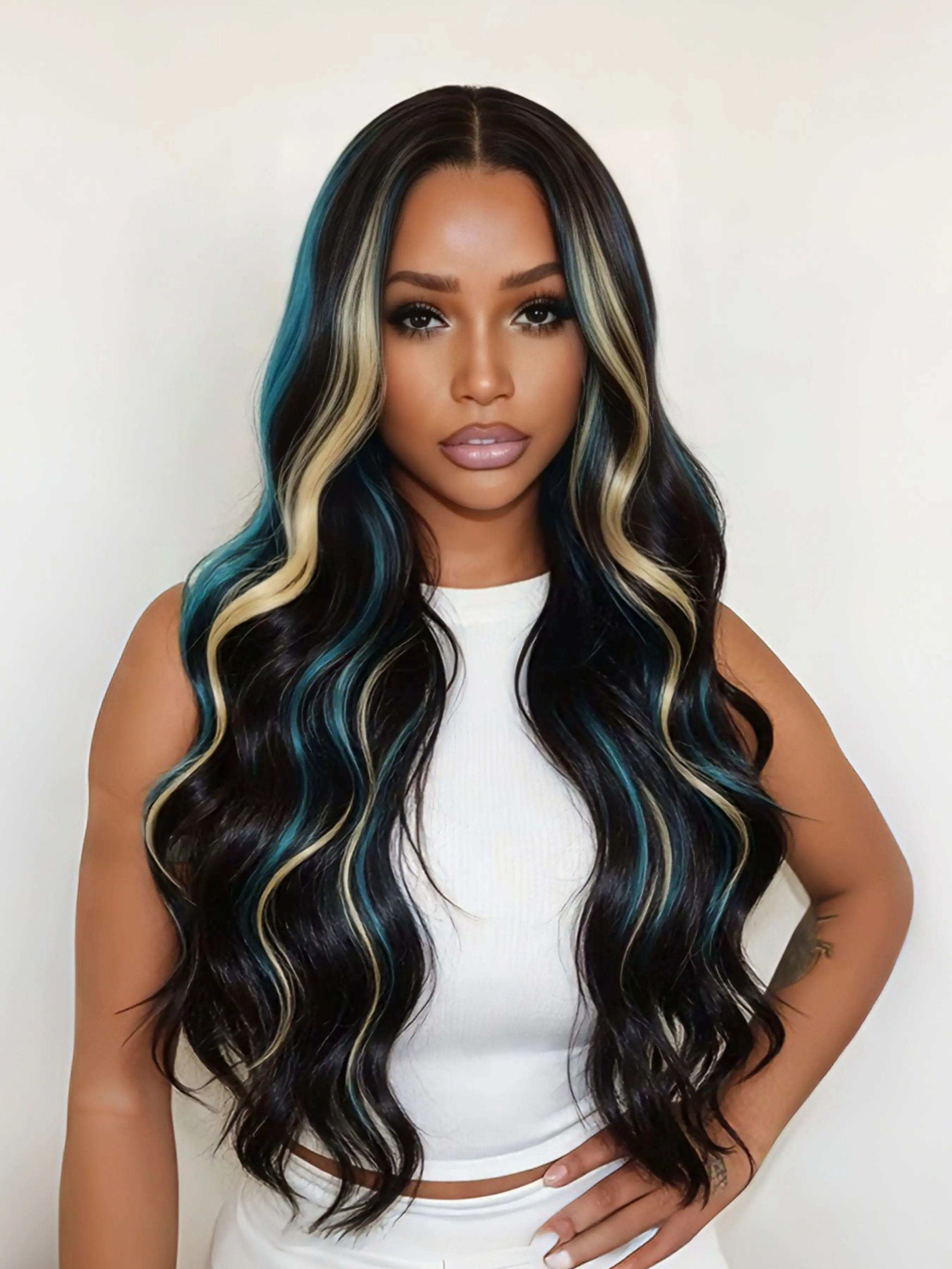 3-Tone Black Blue Blonde Highlighted Wavy Wig 13x4 HD Transparent Lace Frontal Wigs for Women Free Part Heat Resistant Synthetic Wig with Pre Plucked Natural Hairline Daily Use 28 Inch