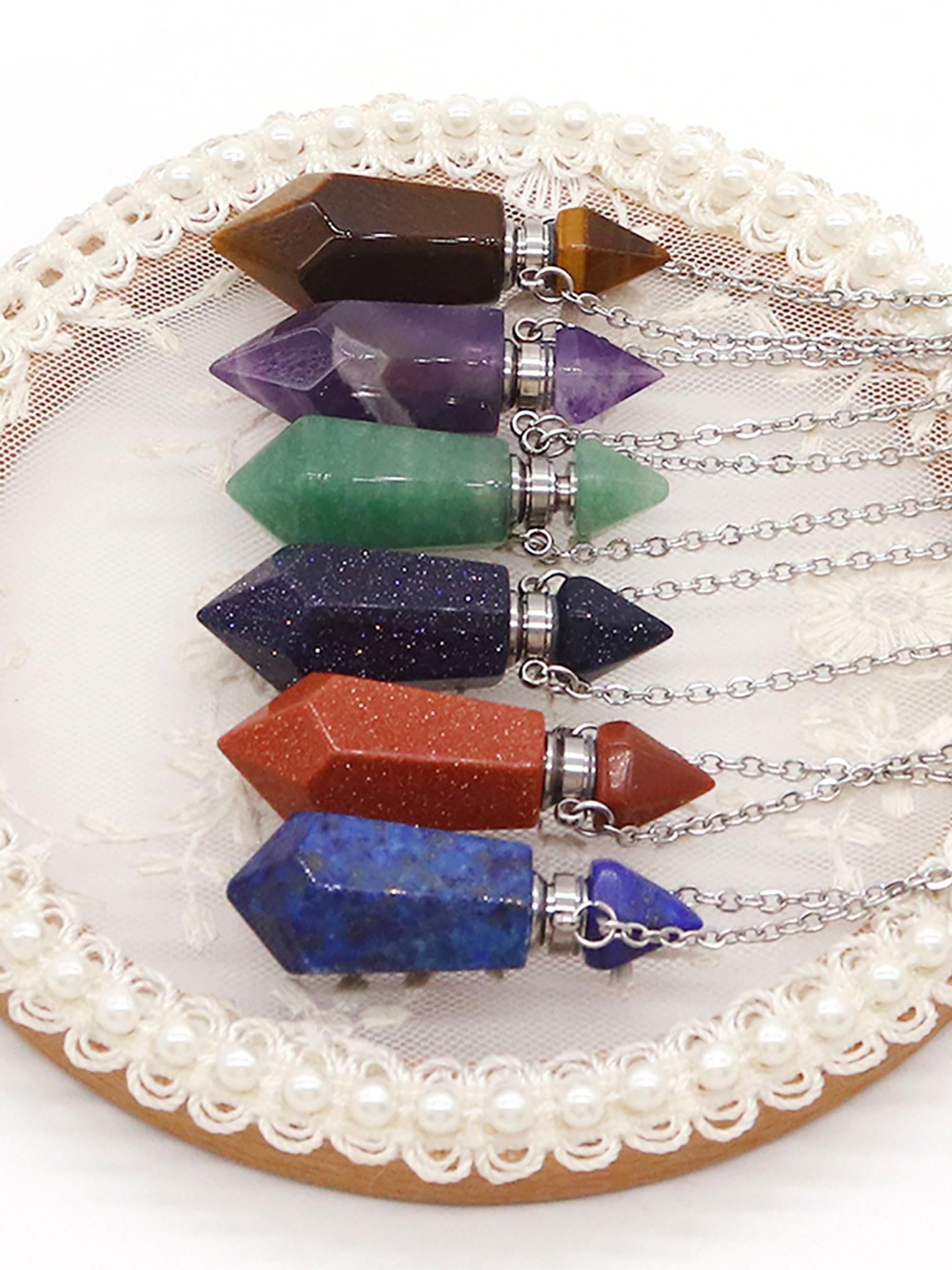 Natural Stone Crystal Perfume Bottle Pendant, Agate Crystal Essential Oil Perfume Bottle, Aromatherapy Necklace Pendant
