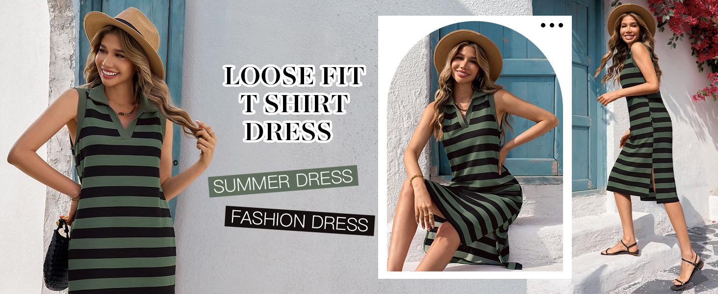 Wenrine Women's Striped Summer Dress Casual Polo V Neck Sleeveless Slit Loose Fit T Shirt Midi Dresses