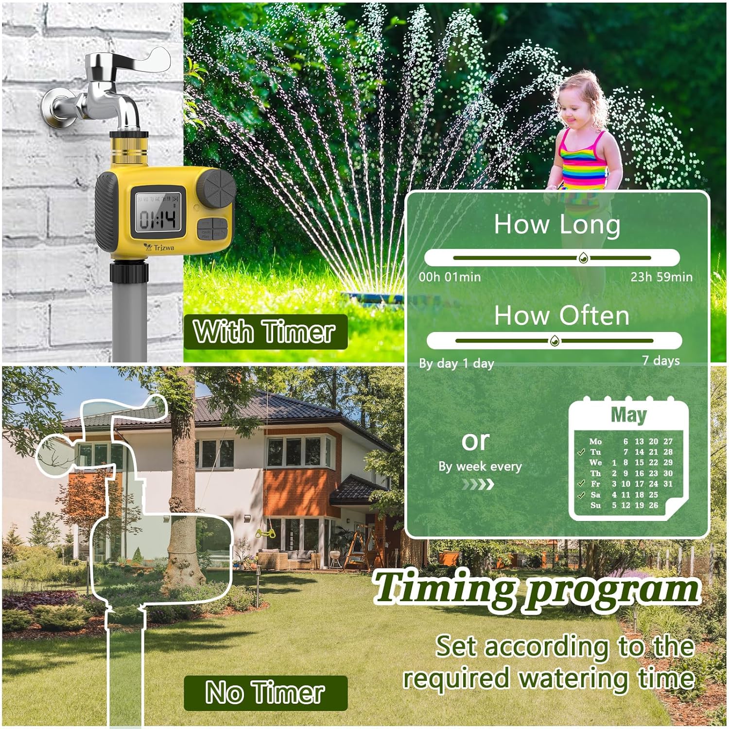 TRJZWA Water Timer with LCD Display, 2025 Latest Automatic Watering System with 3 Separate Watering Programmes, Irrigation Timer with Child Lock/Rain Delay Function for Garden Watering/Pool Filling