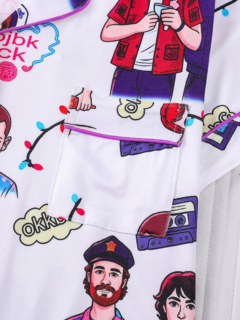 2-Piece 80s Retro Character Print Pajama Set Loungewear - Retro TV Series Themed Short-Sleeve Pants (Button-Up Collar + Elastic Waist) - Suitable for Adults at Home / TV Binge-Watching