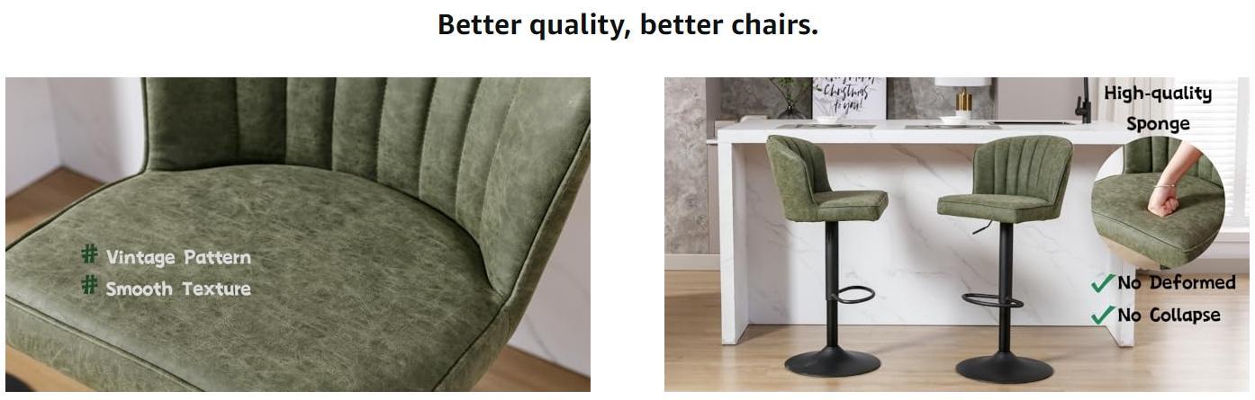 CHAIRUS Bar Stools Set of 2, Modern PU Leather Swivel Counter Stool, Adjustable Hydraulic Bar Stool,Ergonomic Stools with Stable Metal Frame Padded Island Chairs with Back and Footrest for Kitchen Island,Living Room,Pub,Coffee, Green