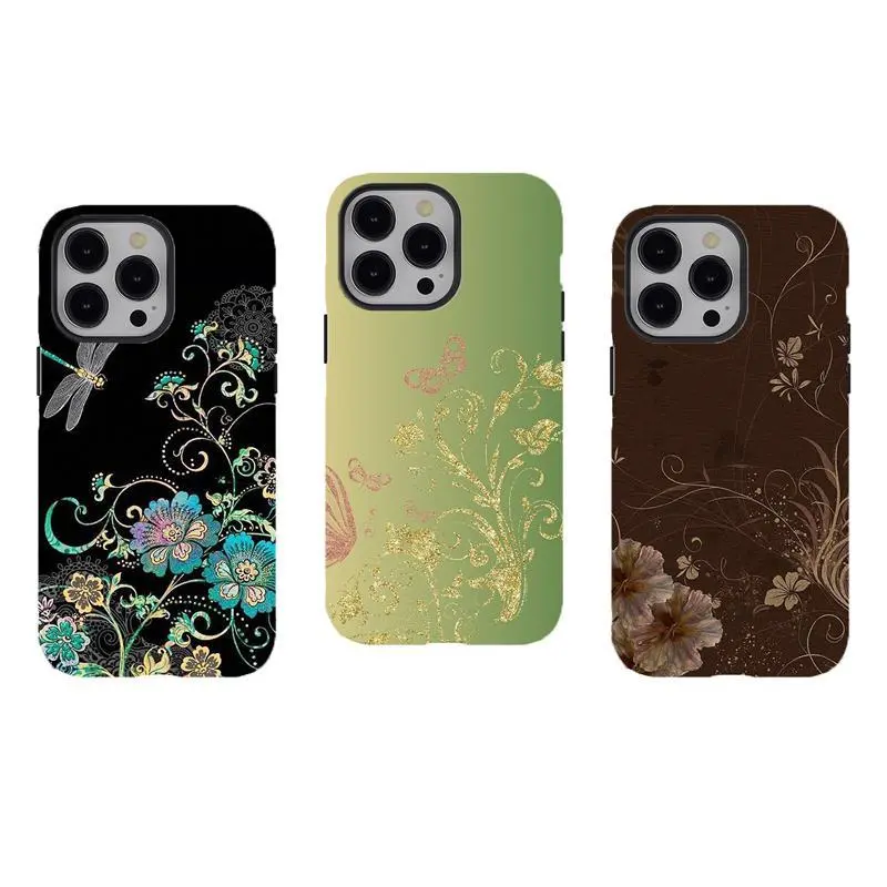 [No magnetic]  Gold Foil Floral & Dragonfly Phone Case,Aesthetic Dual-Layer design durable phone Cover,Ornate Swirl Print for iPhone 17 16 15 14 13 12 11 8 7 for Samsung Series,Shockproof Protective hard Cover,perfect gift for her