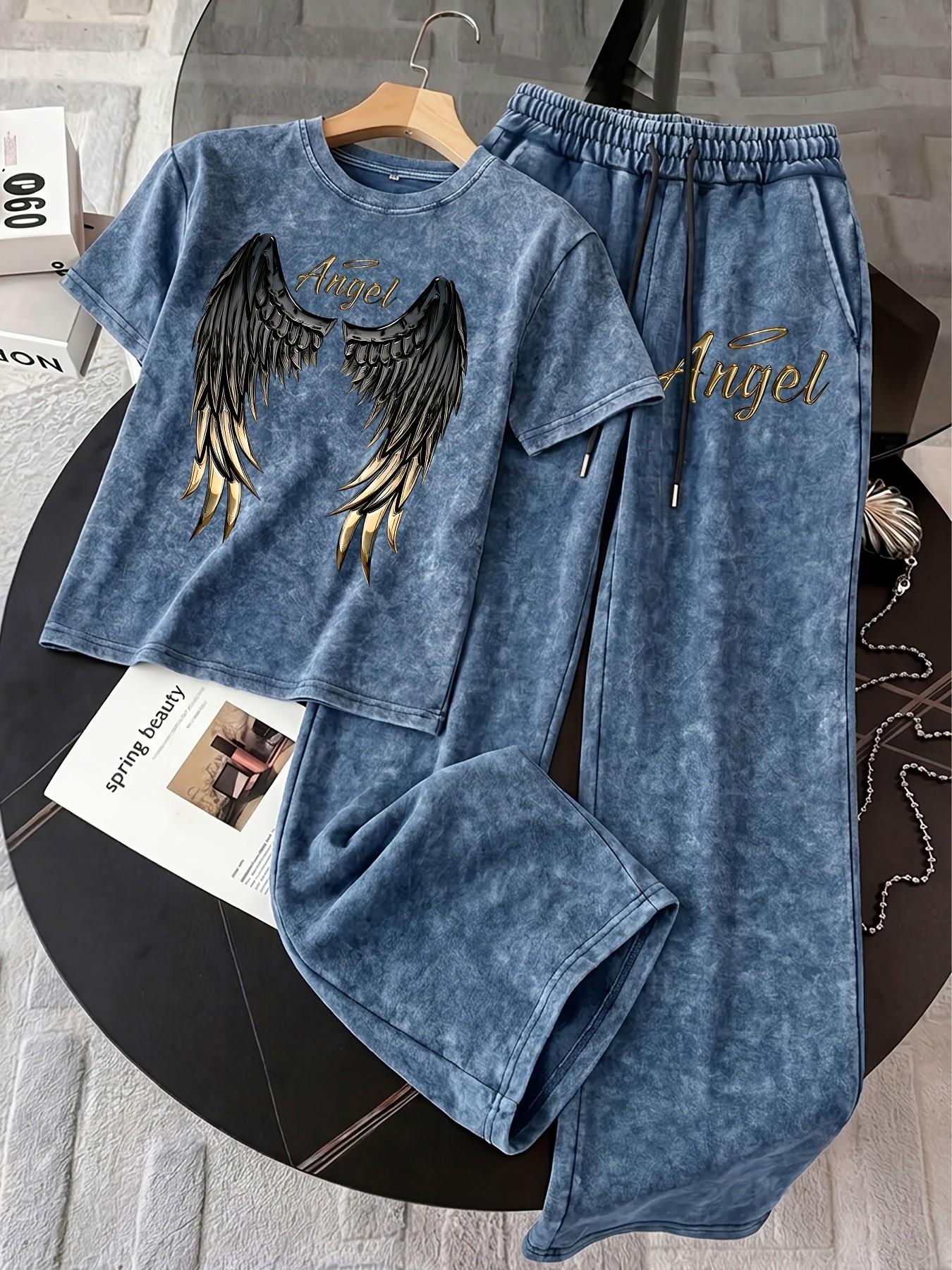 2-Piece Set, Distressed Casual Outfit Featuring a Tri-Color Black & Gold Wing Print (Y2K Sweet-Cool/Baddie Style), Includes a Drop-Shoulder, Round Neck Short-Sleeve Top and Drapey Wide-Leg Trousers, Perfect for Everyday, Vacations, or Outings, Clothes