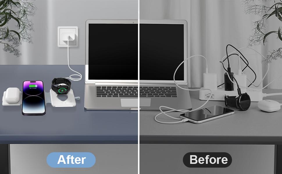 Portable 3 In 1 Fast Wireless Charger, 15W Mag-Safe Foldable Wireless Charging Station Suitable For iPhone,iWatch,Airpods Wearable Multiple Devices, Wireless charger for Android phones Earbuds Case Cellular Folding Chargeable White Electronic