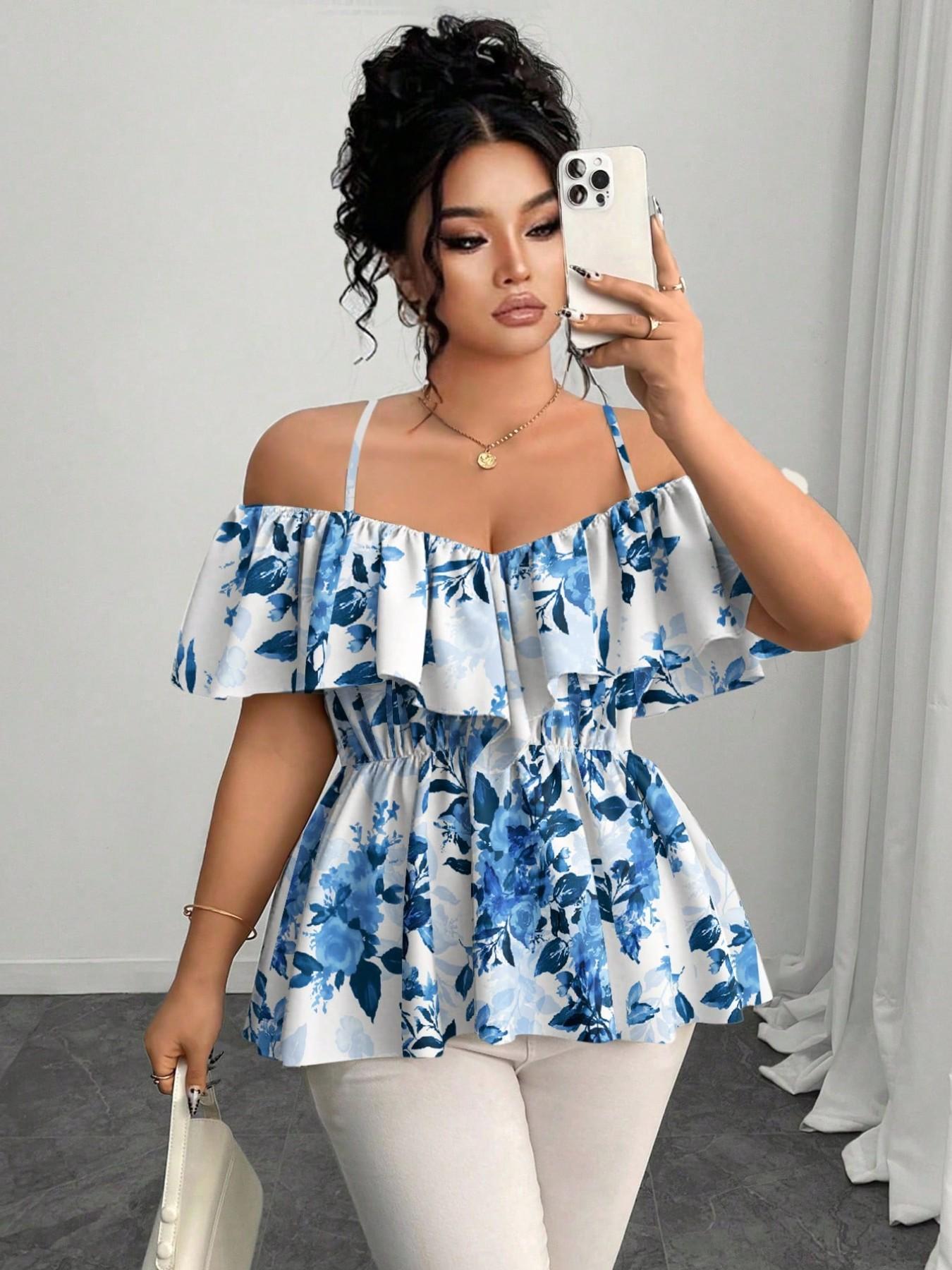 Elegant Chic Casual Bohemian Ruffle Halter Top, A-Line Hem Blouse for Spring & Summer, Plus Size Fashion Shirt for Women, Fit