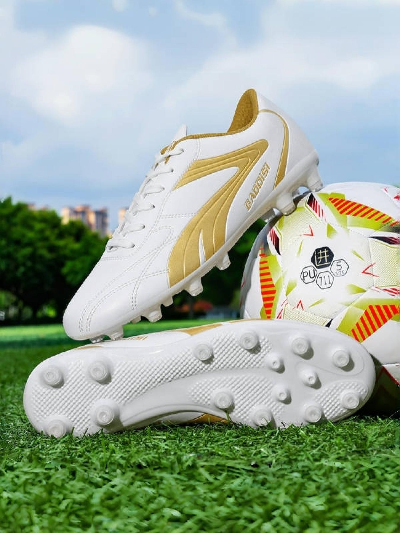 1 Pair Parent-Child White Gold Color Block Long Studs Football Shoes Luxury Competitive Style Leather Material Strong Grip For Parent-Child Football Training And Matches