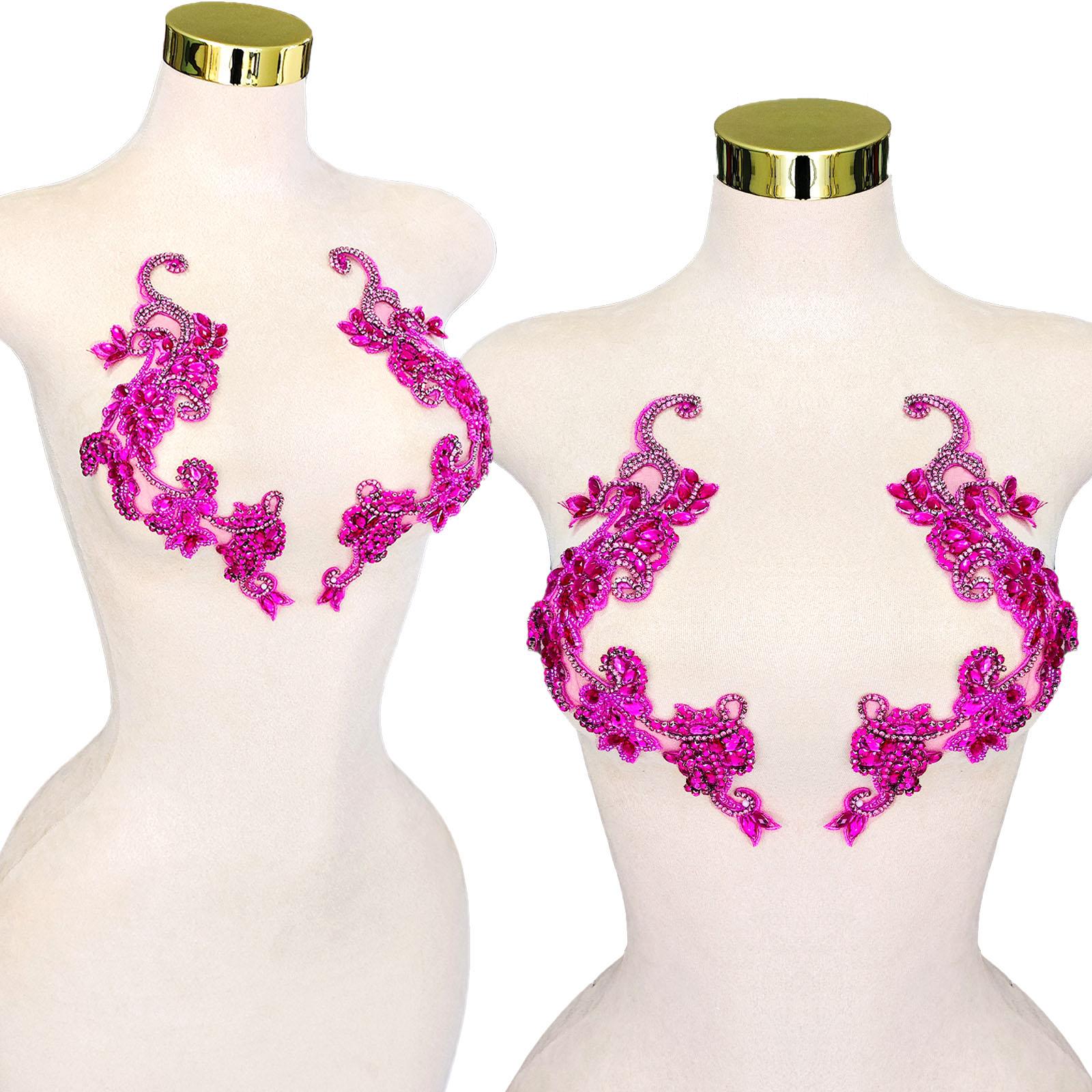 Handmade Pink Crystal Beaded Applique Floral Rhinestone Patch Pair for Dress Decoration Bridal Gowns DIY Embellishment