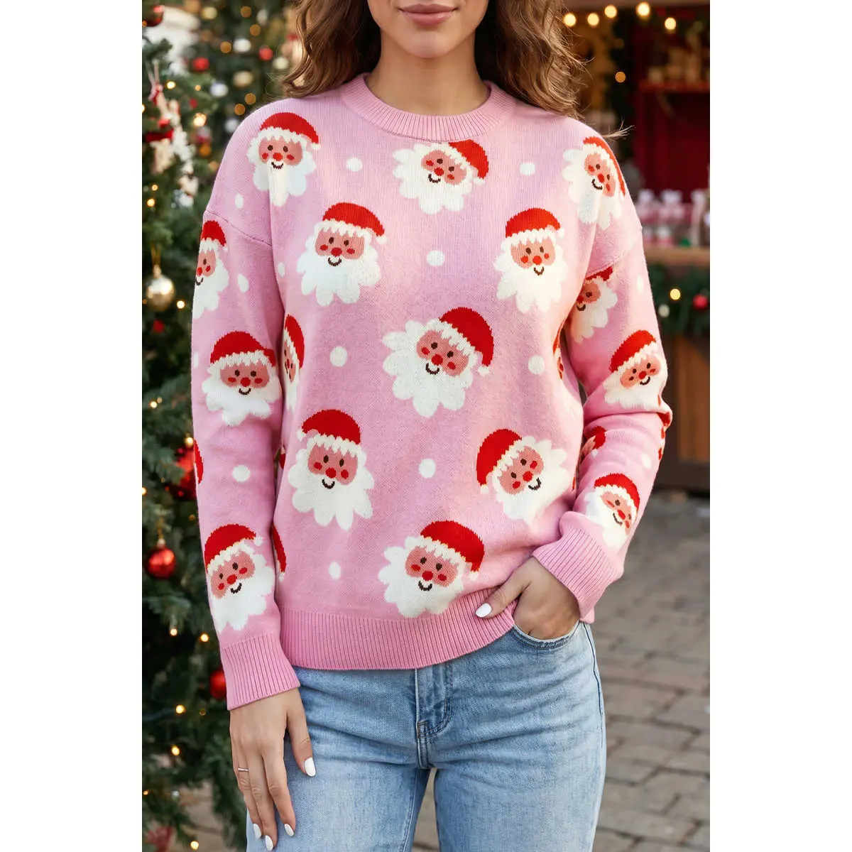 Women Pink Allover Santa Face Christmas Sweater, Crew Neck Drop Shoulder Oversized Long Sleeve Cute Cartoon Santa Print Winter Holiday Knit Pullover