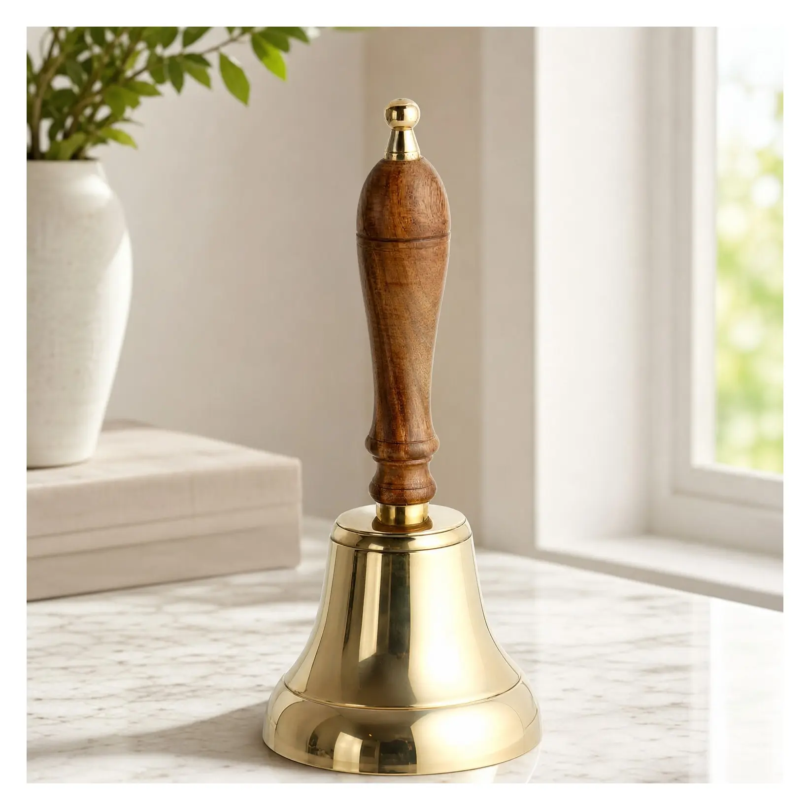 4 Inch Solid Brass Handbell with Wooden Handle - Loud Call Bell for Adults, Elderly, School, Wedding, Office, Dinner, Meditation & ServiceGift