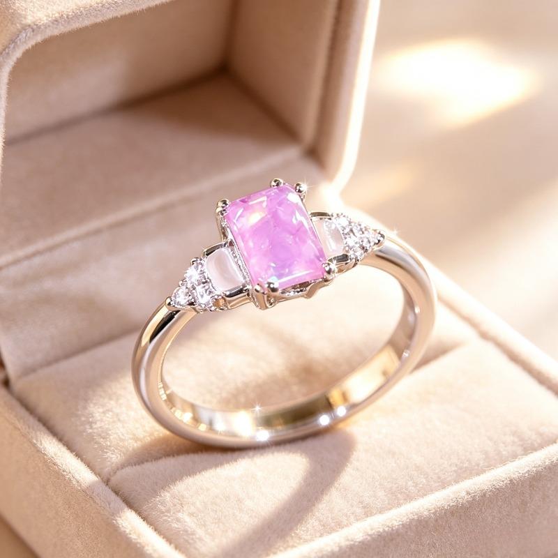 Rectangular Center Stone Statement Engagement Rings for Women, Side Accent Stone Promise Rings for Valentine Christmas Wedding Proposal Daily Wear