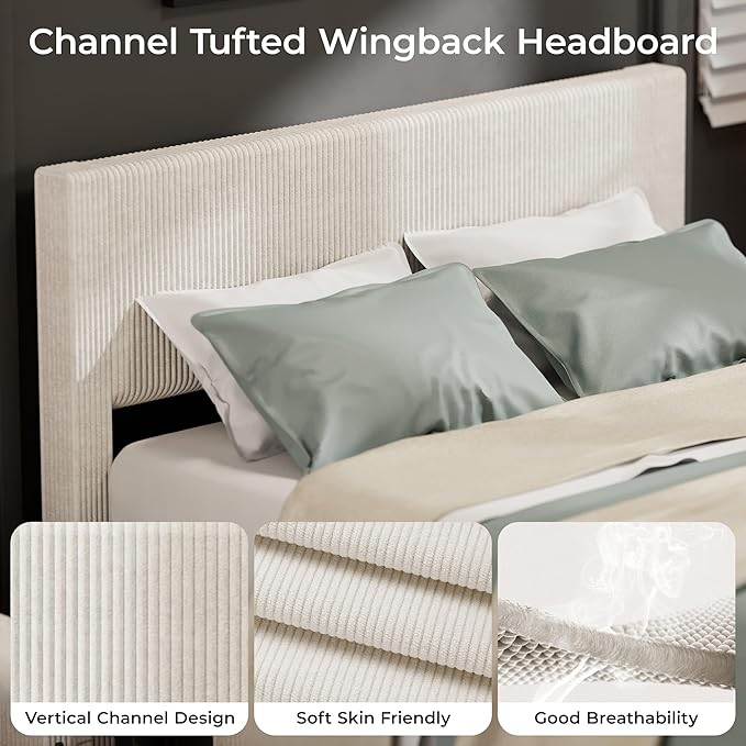 Bed Frame with Tall Tufted Wingback Headboard, Platform Velvet Upholstered Full Bed Frame with 4 Storage Drawers and Wooden Slats Support, No Box Spring Needed,