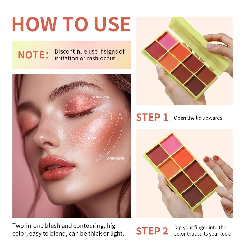 Multi-colour cream blush, matte blush, cream blush, all-in-one contouring, dual-use for lips and cheeks, creamy blush, portable make-up palette, long-lasting matte finish
