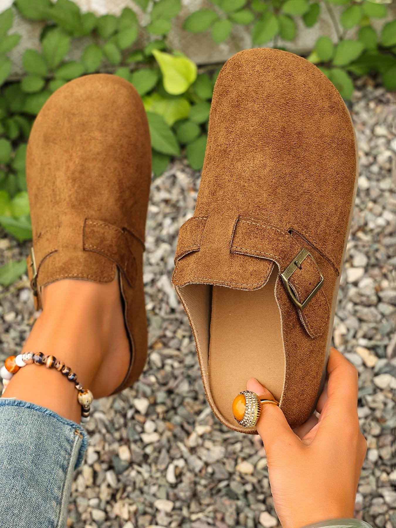 Women's 2026 Spring Summer New Velvet Slip-On Shoes, Wide Fit Comfortable Casual Flat Thick Soled Mules, Adjustable Antique Brass Buckle, Non-Slip Thick Sole