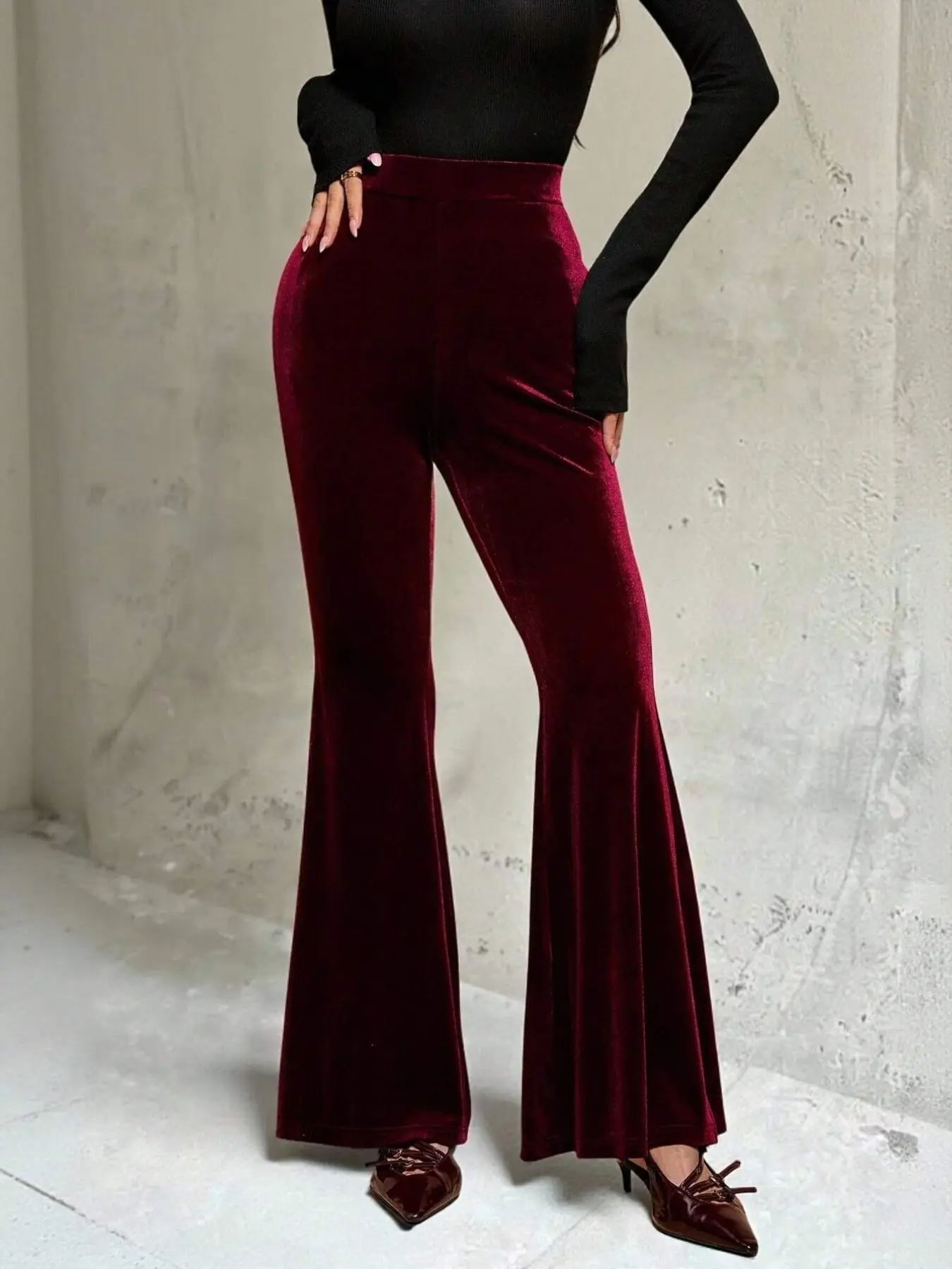 Elegant Burgundy Velvet Ruffle Long Pants for Women, Perfect for Daily Commute, Autumn Winter Fashion, Stylish and Comfortable