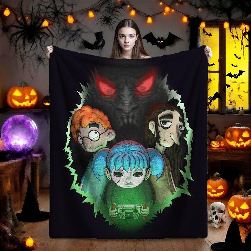 Sally Face Horror Game Trio Characters Flannel Throw Blanket - Demon Red Eyes Print, Dark Spooky Green Rip Edge, Halloween Aesthetic, Multi-Size, Fading Resistance, All-Season Soft, Sofa Bed Use, Gift For Game Fans