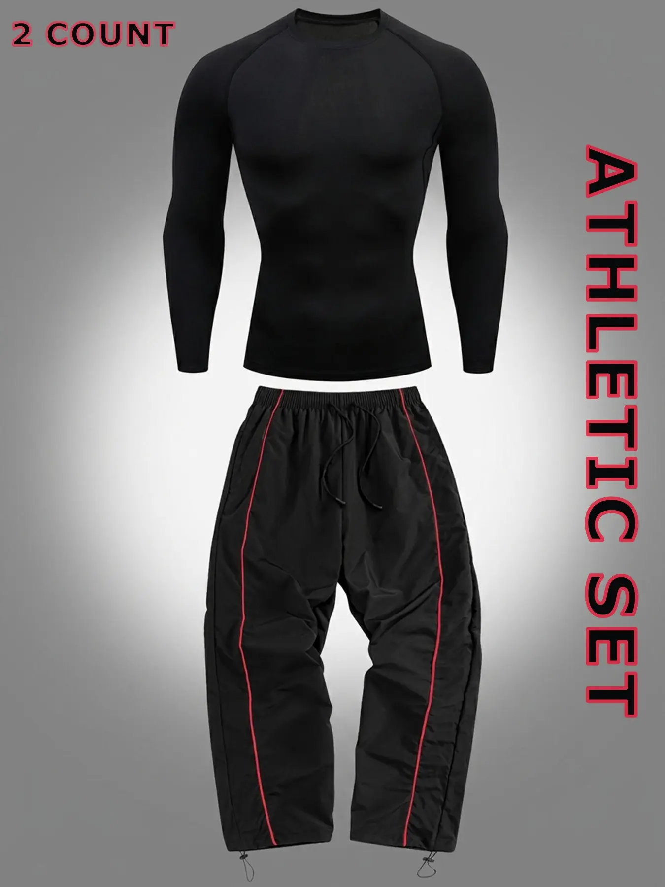 Men's Spring Fall Athletic 2 Piece Set, Gym Athletic Clothes, Sports Activewear Set, Gym Workout Fitness Running Sportwear Set, Long Sleeve Compression Shirt + Drawstring Elastic Waist Pants with Adjustable Cuffs Side Stripe, Athletic Fashion Activewear