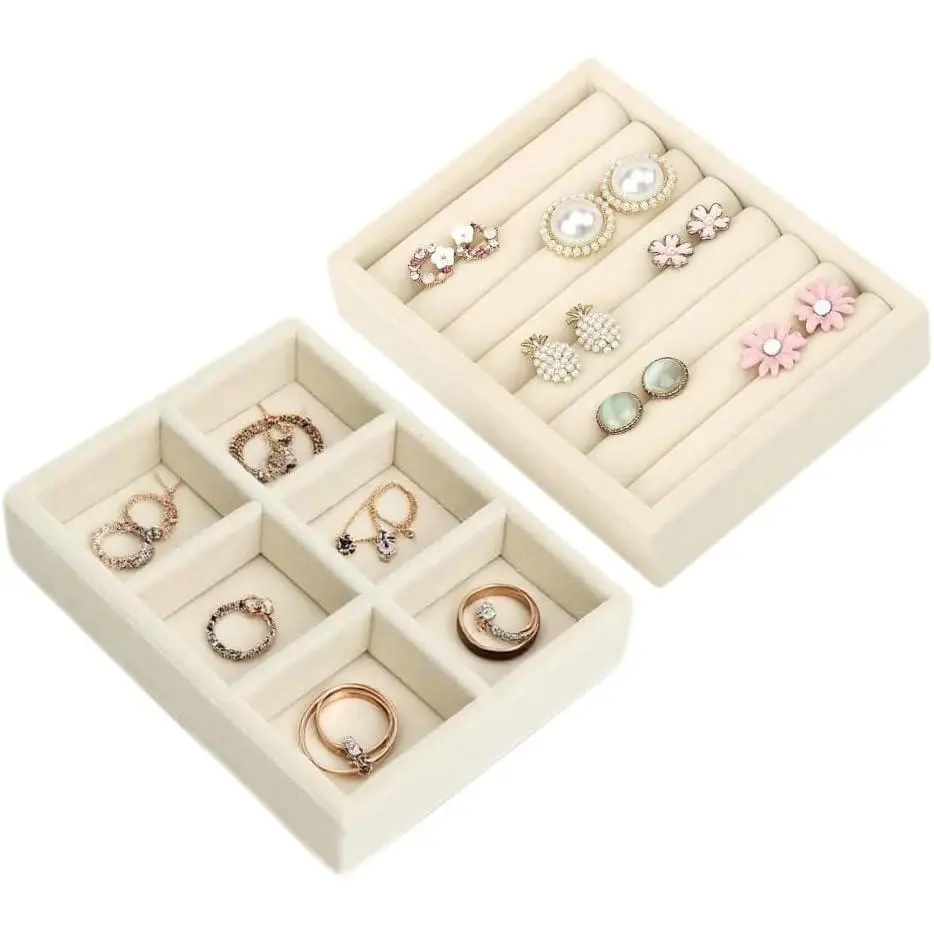 Stackable   Drawer Organizer - 2 Set Small  Trays with  Box Inserts,  Dish Tray for Rings, Studs, Necklaces & Bracelets, Dresser Drawer Inserts for Women