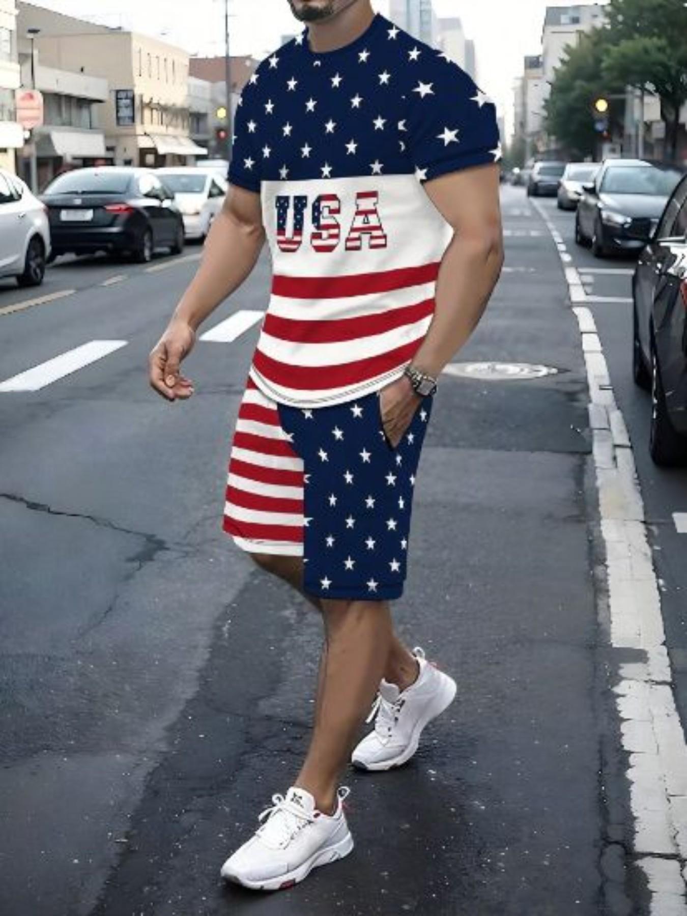 Men's Colorblock Usa Flag Pattern Casual T-Shirt and Shorts Set, Polyester Knit Stretch, Fitted, Summer 2-Piece