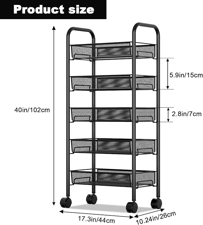 5 Tier Rolling Cart with Wheels Easy Assemble Metal Slim Rolling Storage Cart for Narrow Space On Bedroom Bathroom Laundry Room