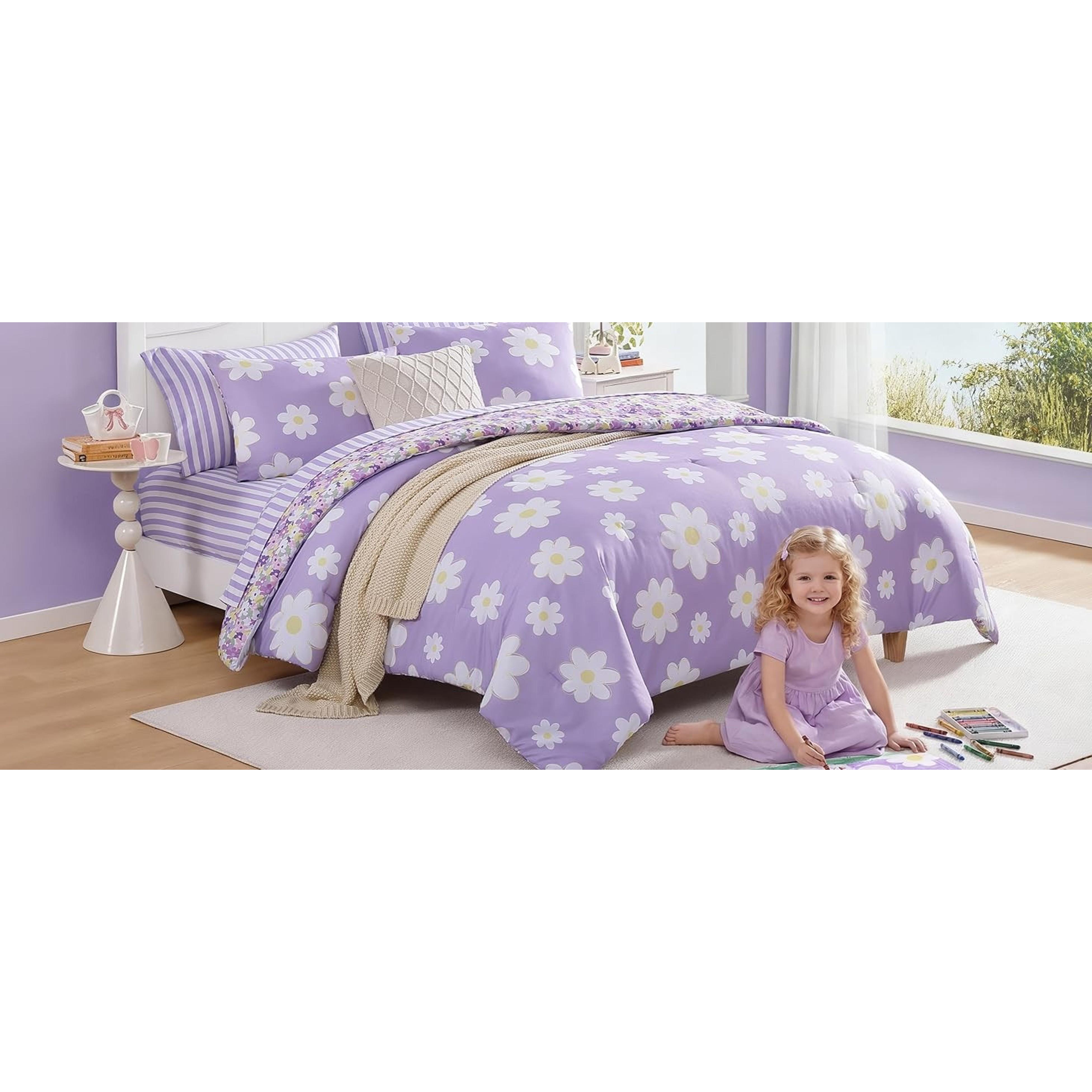 Full Size Comforter Set for Girls Purple Daisy 7 Pieces Bed in a Bag | Reversible Floral All Season Bedding Sets with Sheets, Pillowcase & Sham