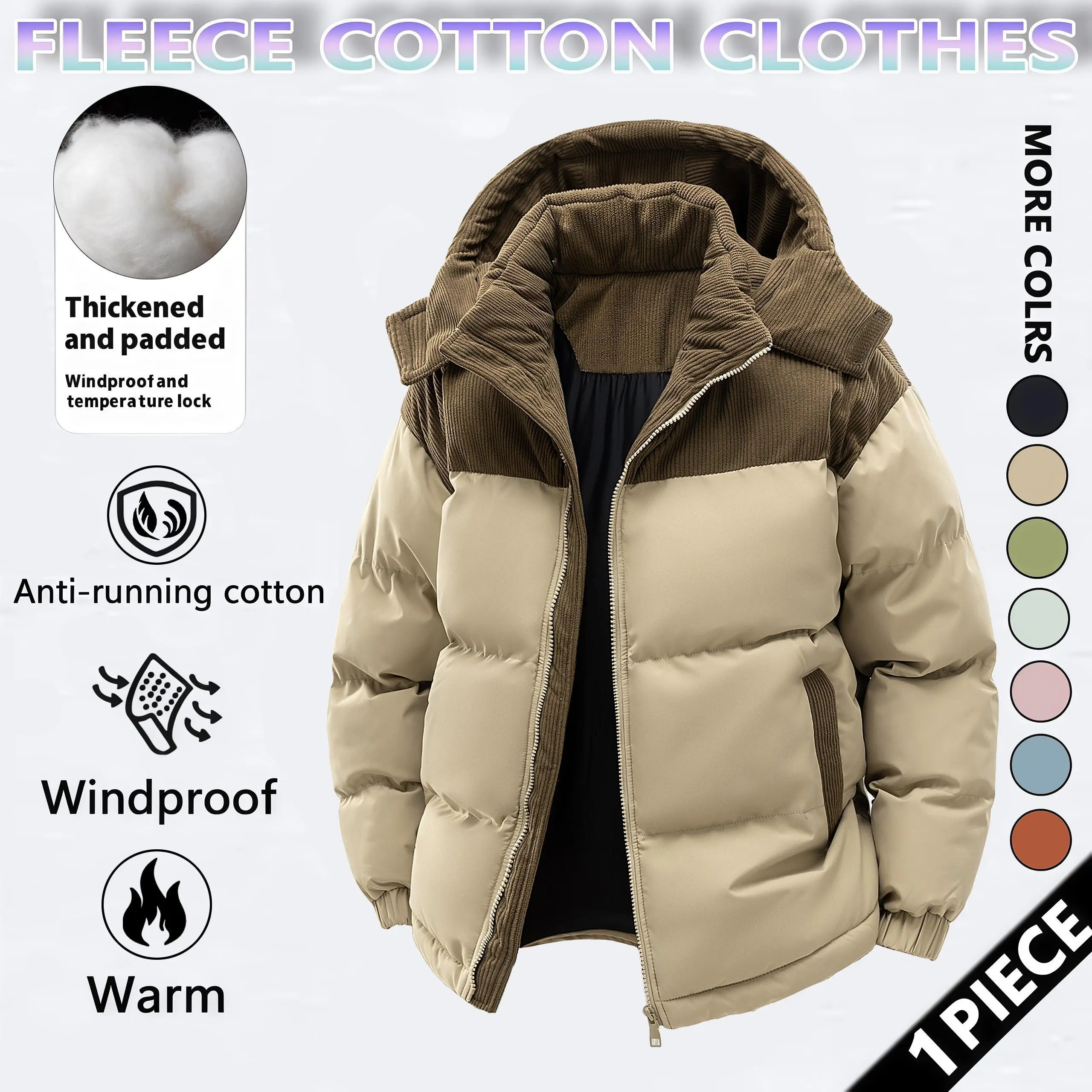 Men's Winter Coat Hooded Fleece Lined Color Block Jacket Casual Everyday Outerwear, Removable Hood, Windproof Padding, Thick Insulated, Anti Running Cotton, Easy to Pair Couples Style,sohochic