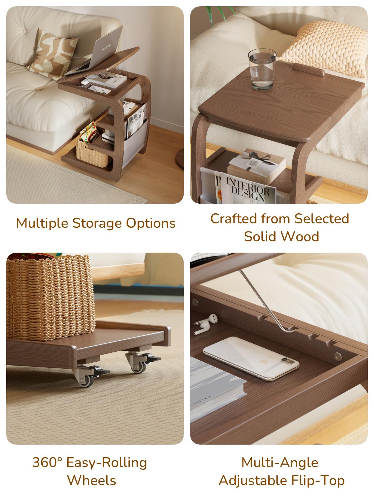 Compact Solid Wood Sofa Side Table – C-Shaped Design with Hidden Storage, Ideal for Living Rooms