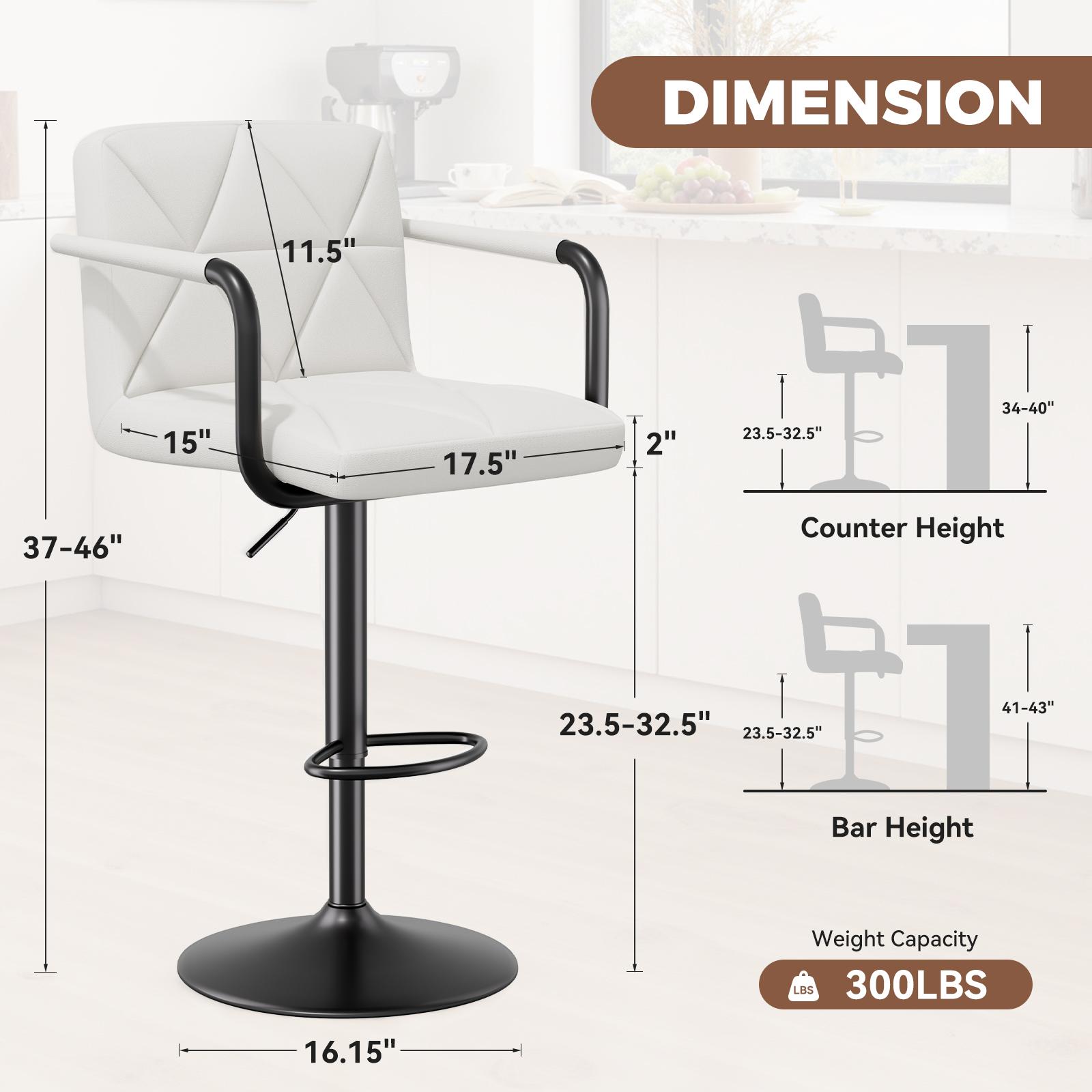 Set of 2 Barstools, Adjustable Height 25.5-34.5 IN with Back & Arms, Swivel PU Leather Upholstered Counter Height Bar Chairs