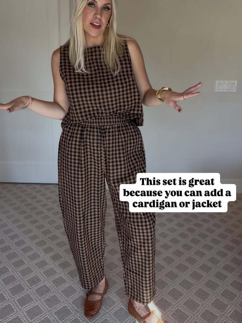 Summer New Women's 2 Piece Set Cotton Plaid Crop Top Loose Fit Pocket Nine-Tenths Pants, Beach Vacation Casual Daily Wear