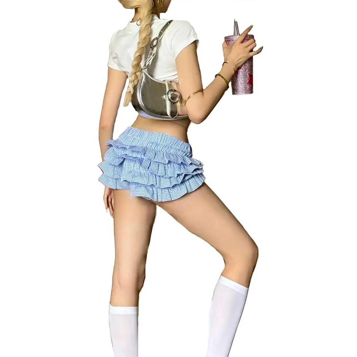 Women’s Layered Ruffle Shorts Elastic Low Waist Plaid Print Bloomers Lolita Cosplay Costume