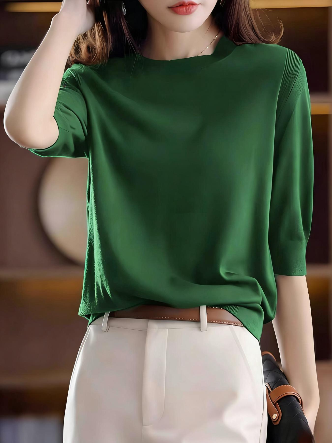 Women's Knitwear Knitted Sweater Round Neck Medium Sleeve Spring Autumn New Vintage Elegant Top Half-Sleeve Base Layer