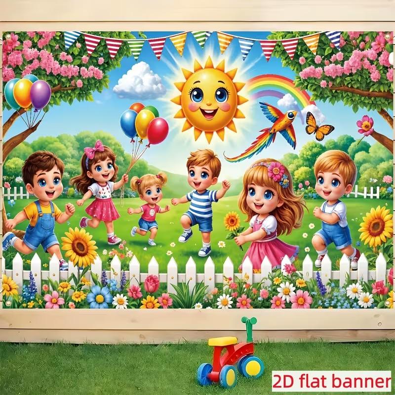 Happy Kids Spring Garden Backdrop Banner, Cartoon Sun Birthday Party Photo Backdrop, Kids Classroom Decor, Home Decor, Festival & Party Supplies