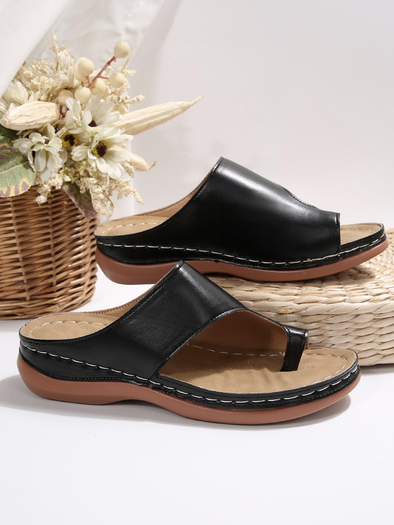 Summer Large Size Flat Toe Slip-On Sandals, Casual Breathable Lightweight Comfortable Soft Slippers for Women, PU Rubber Sole