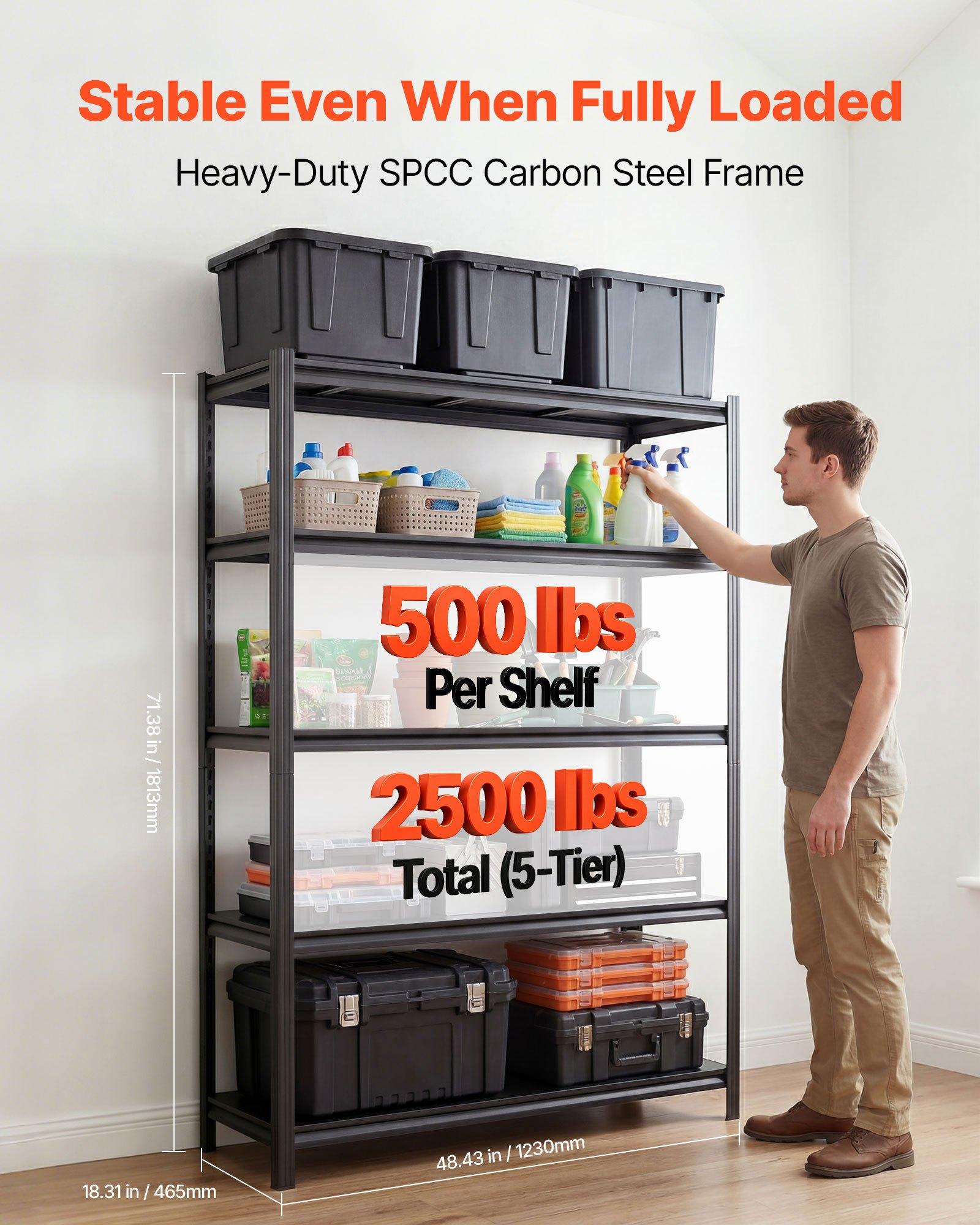 VEVOR Storage Shelves, 5-Tier Adjustable, 2500 lbs Capacity, Heavy Duty Garage Storage Shelving Unit, Metal Utility Rack Shelf, for Garage Warehouse Basement Kitchen, 48.43" W x 18.31" D x 71.38" H VEVOR Storage Shelves, 5-Tier Adjustable, 2500 lbs Capacity, Heavy Duty Garage Storage Shelving Unit, Metal Utility Rack Shelf, for Garage Warehouse Basement Kitchen, 48.43" W x 18.31" D x 71.38" H