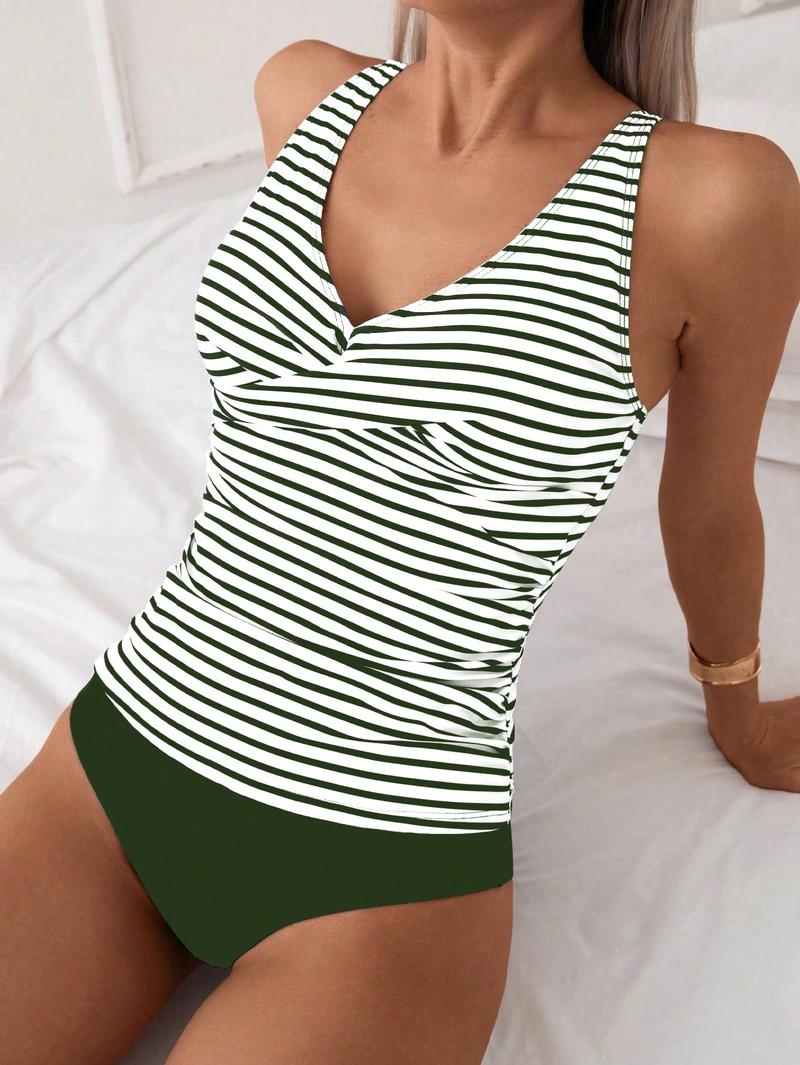 Women's V Neck Two-Piece Swimsuit Set, High Waist Swimwear with Ruched Top, Slimming Belly Control Bathing Suit