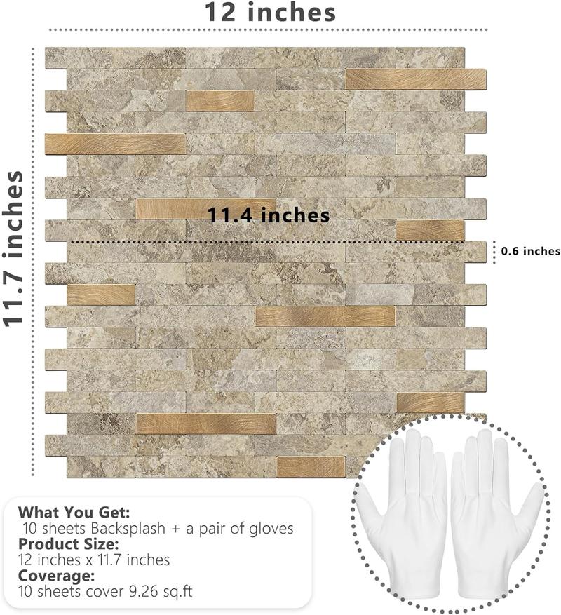 STICKGOO 10PCS Peel and Stick Backsplash, Stick on Backsplash for Kitchen/Bathroom, PVC Mixed Metal Gold Self Adhesive Wall Tiles Decorative Wallpaper