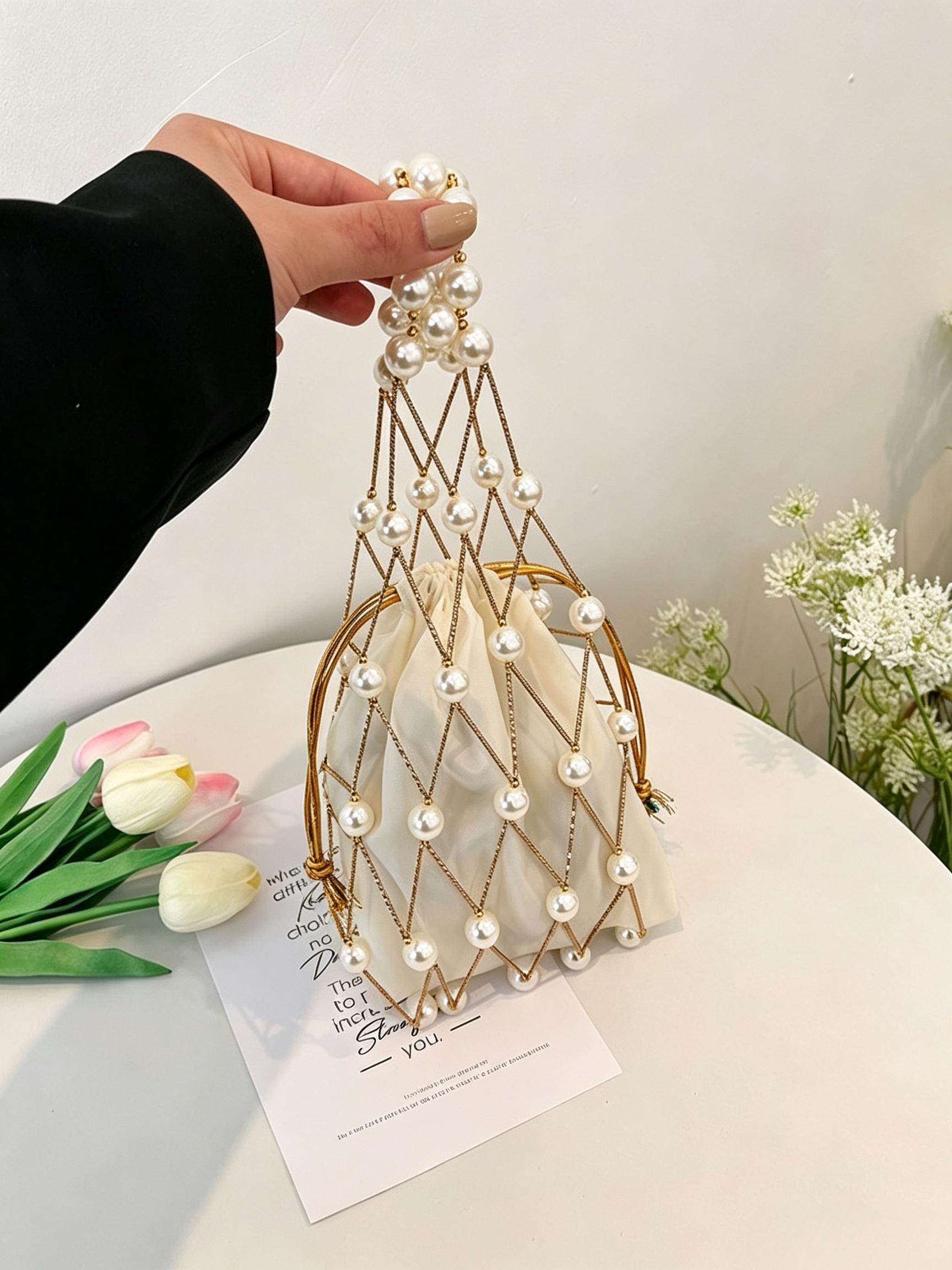 Pearly Net Pouch Bag for Mobile Phones, Unique Luxury Design, Soft Style Women's Essential Bag, Perfect for Parties and Dates, Christmas Atmosphere Enhancer, Fashionable Unique Bags