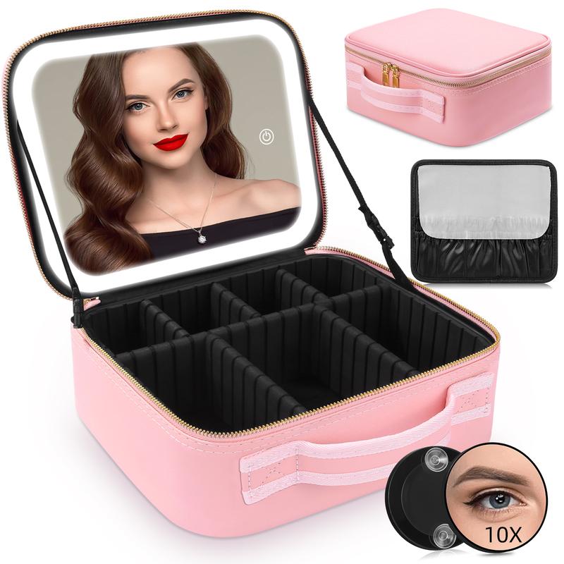 Portable Travel Makeup Bag with LED Mirror, 3 Color Light Settings, Rechargeable Cosmetic Organizer Case for Women, Portable Vanity Box for Beauty Essentials Zip