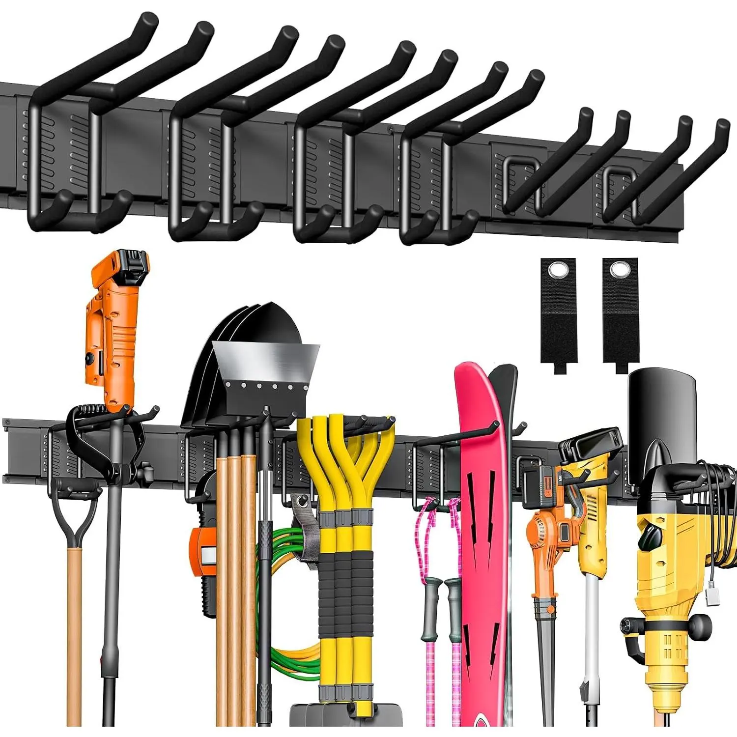 Garage Tool Organizer Wall Mount, 48" Heavy-Duty Metal Wall Organizer, 3 Rails with 6 Adjustable Hooks, Garden Storage Rack, Sturdy Tool Hanging Holder for Shovel Shed Yard