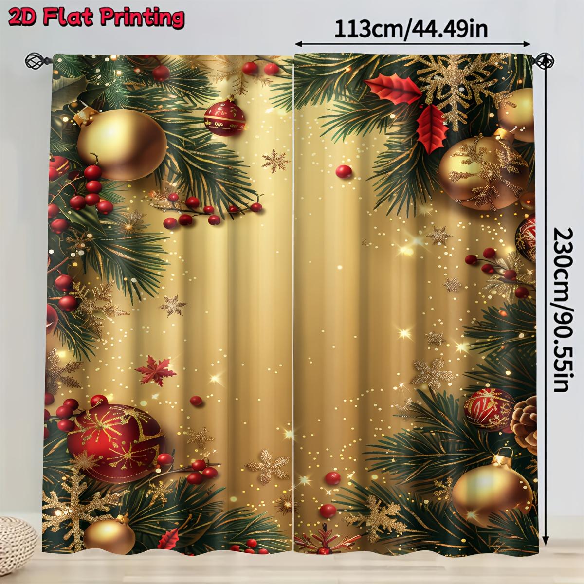 2-Pack, 2D flat print yellow Christmas pattern curtains, pole-mounted installation, digital printing, polyester material, suitable for home decoration, Window Curtain, Window decorations supplies