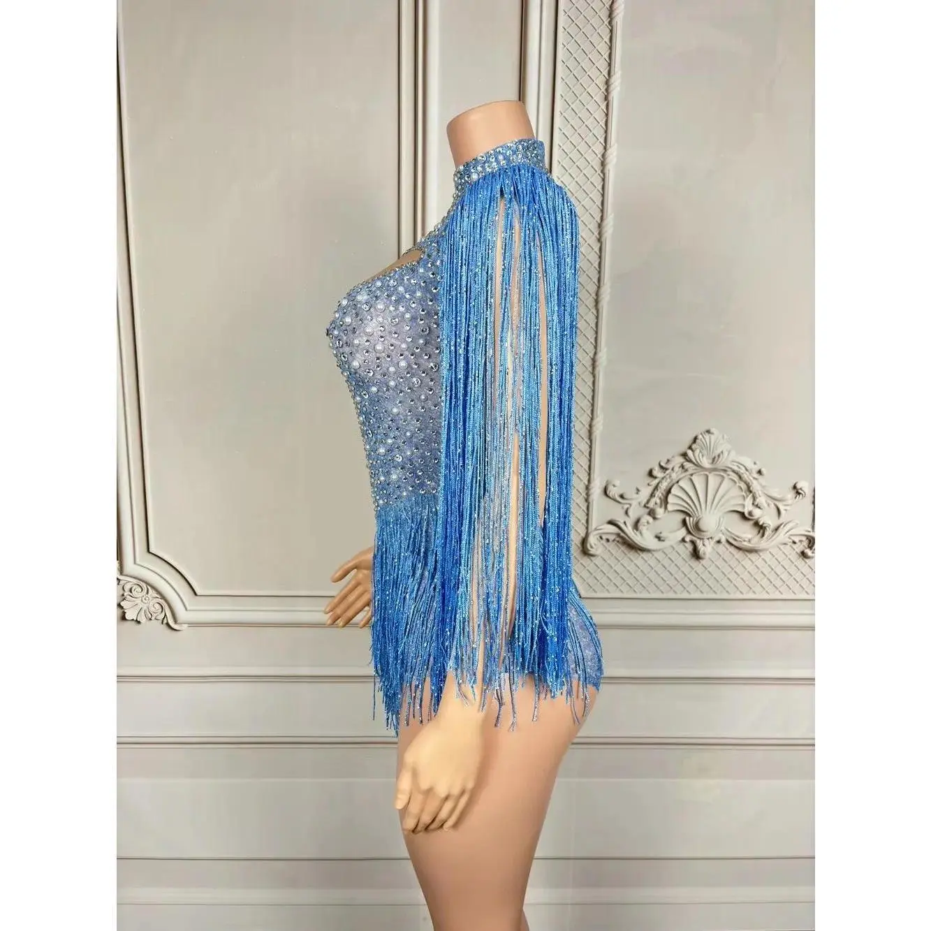 Blue Rhinestone Tassel Bodysuit Sexy Mesh Women's Dance Performance Costume Nightclub Stage Fringe Leotard for Party Show