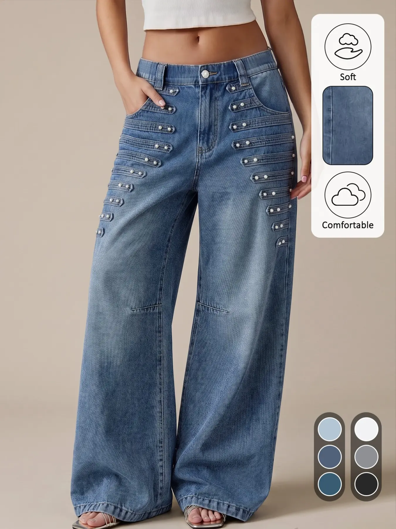 Women Multi Rivet Button Decor Straight Denim Jeans, Napoleon Military Inspired Loose Wide Leg Trousers, Elastic Back Waist Vintage Washed Streetwear Pants, Bottom