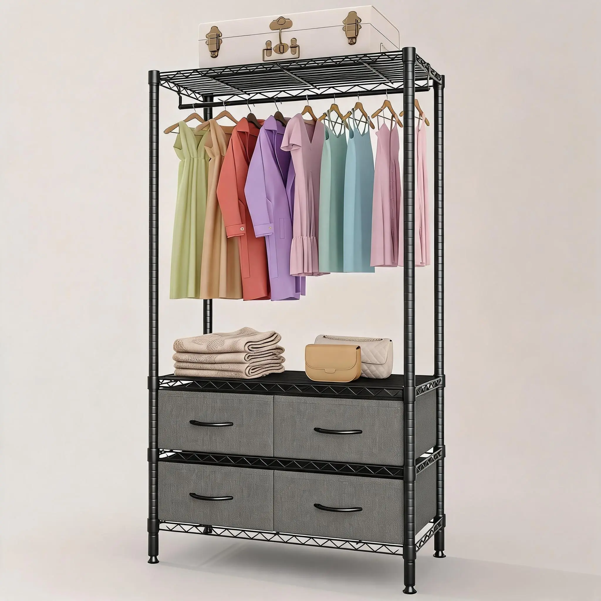 Wire Garment Rack, Heavy-Duty Clothes Rack with 4 Storage Drawers & 1 Hang Rod, Freestanding Metal Clothing Rack with Adjustable Shelves, for Dorm Bedroom Entryway, 35.4"l x 15.7"w x 71"h, Black
