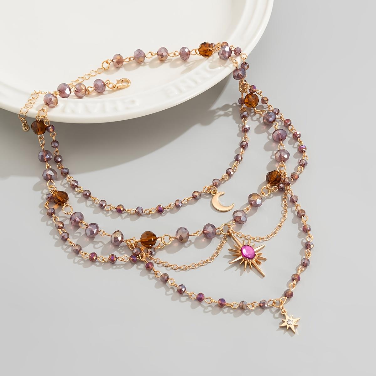 Women's Elegant Multi-Layer Gradient Purple Coffee Crystal Bead Necklace - Cuban Link Chain, Sparkly Sun-Moon-Star & Heart Charms, Gold-Metal Coating, Gothic Hippie Daily Female Stackable Costume Jewelry