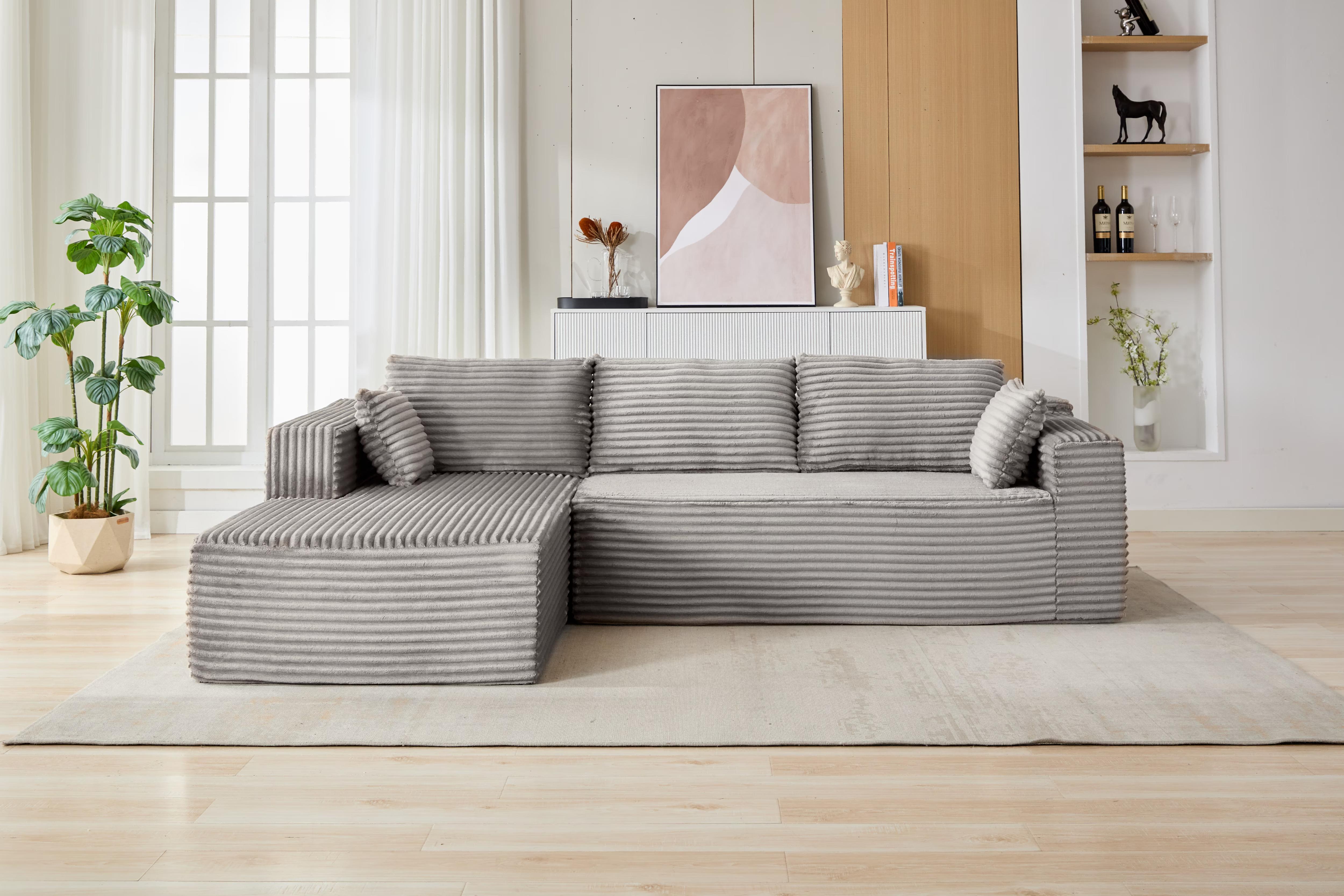 【TikTokShopBlackFriday】【Two Packages】Modular L-Shaped Sectional Sofa with Chaise, Deep Seat Corduroy Couch for Living Room, Bedroom, Apartment, Minimalist Sleeper Sofa, No Assembly Required