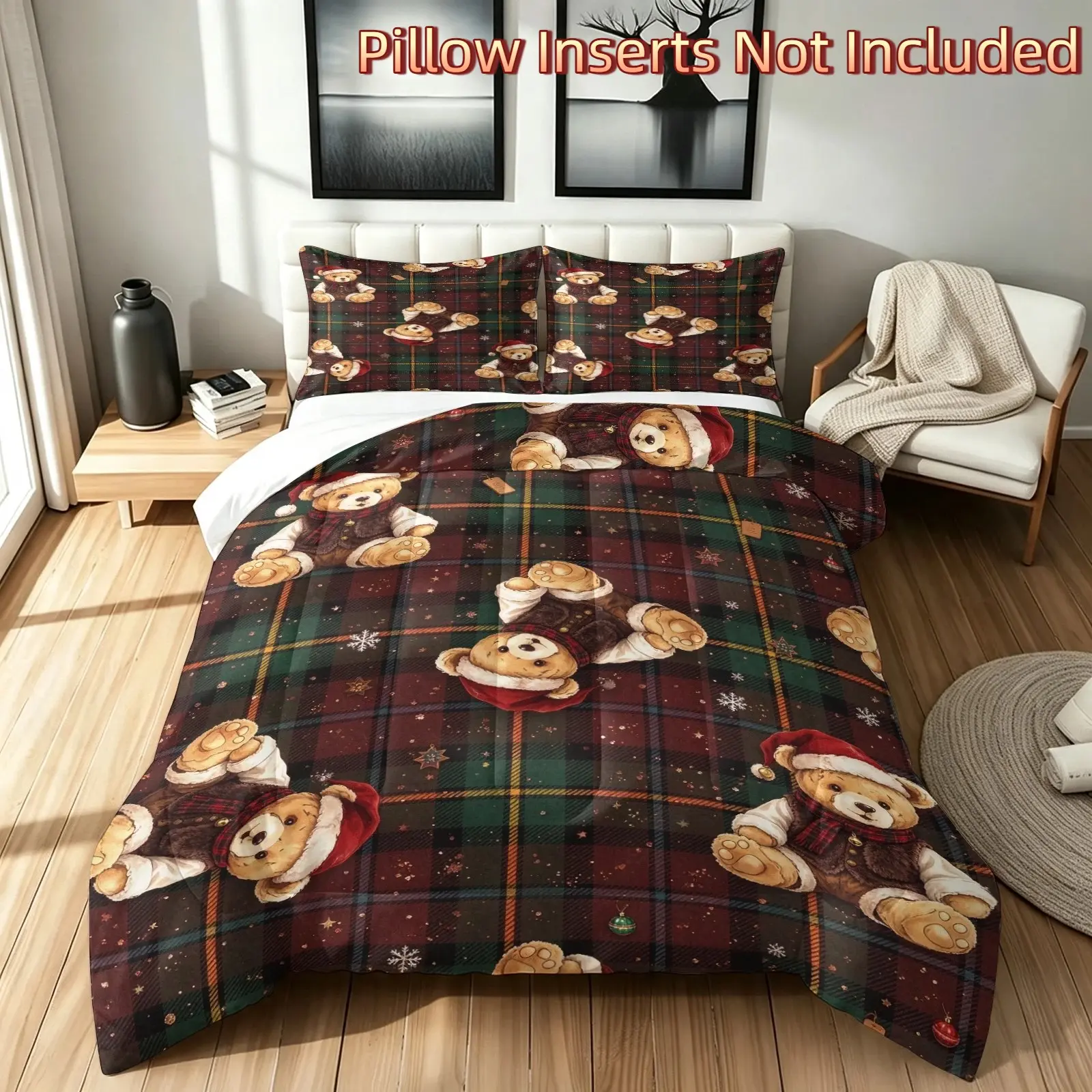 3-Piece Christmas Plaid Teddy Bear Print Comforter Set, 1 Comforter + 2 Pillowcases (Pillow Inserts Not Included), Vintage Holiday Snowflake Bedding, Soft Cozy Healing Decor for Adult Bedroom & Dorm, Holiday Gift for Family & Friends