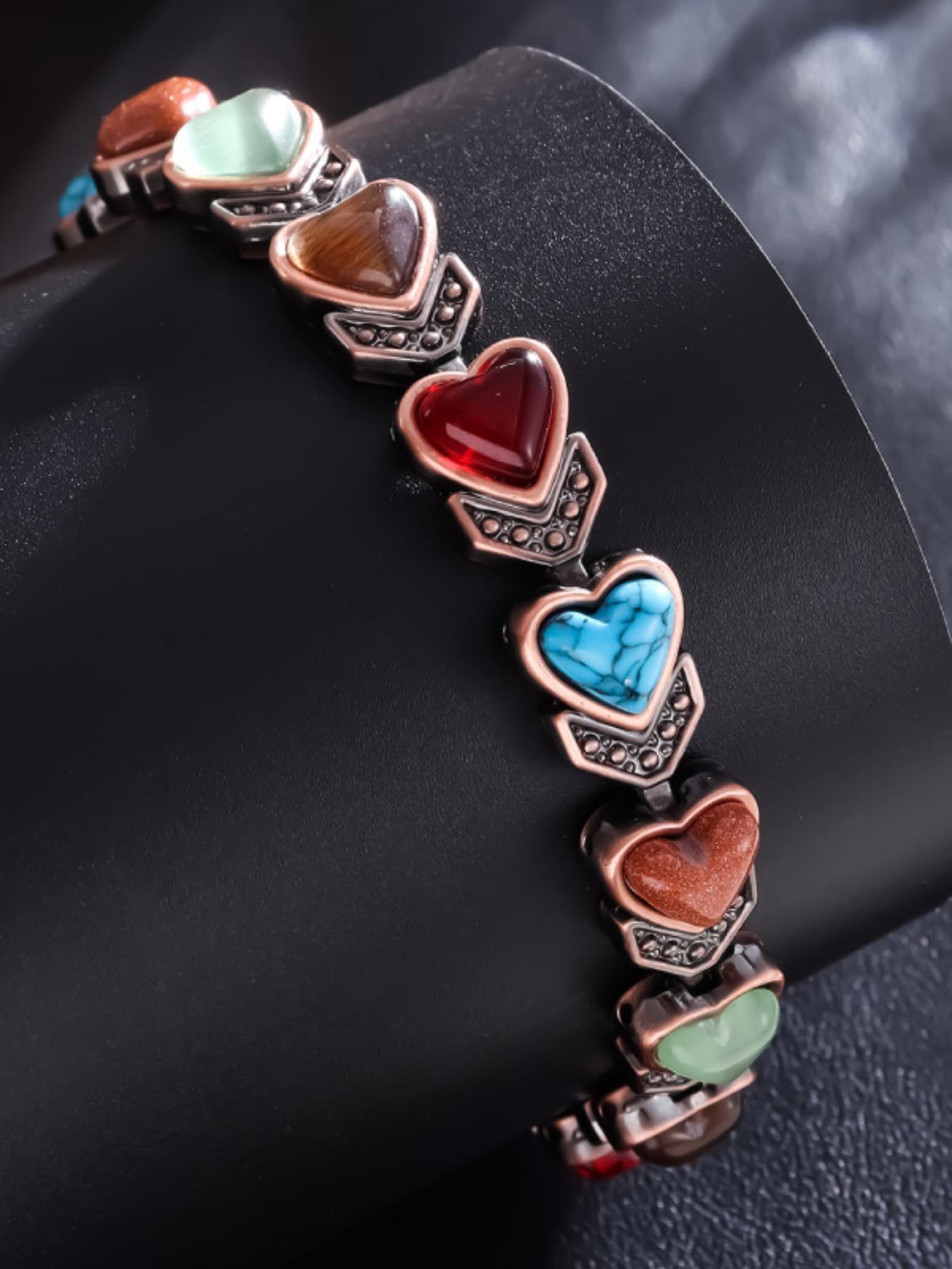Vintage Magnetic Therapy Bracelet for Women, Couple Sleep Aid Wristband, Solid Copper, Multicolor Stones, Fashion Retro Jewelry