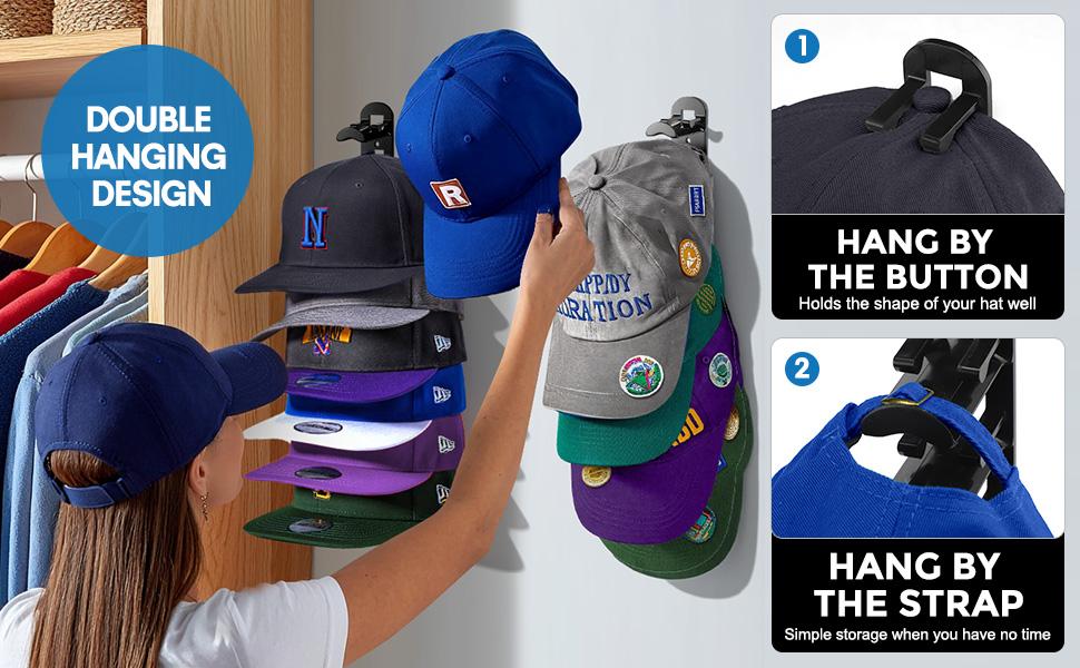 Hat Hook for Wall 2 Pack Hat Organizer Holds Up to 20 Hats with Strong Adhesive and 8 Screws Cap Holder for Closet Door and Bedroom B-Black - Decor Key Hook Wall Mounted Shelf