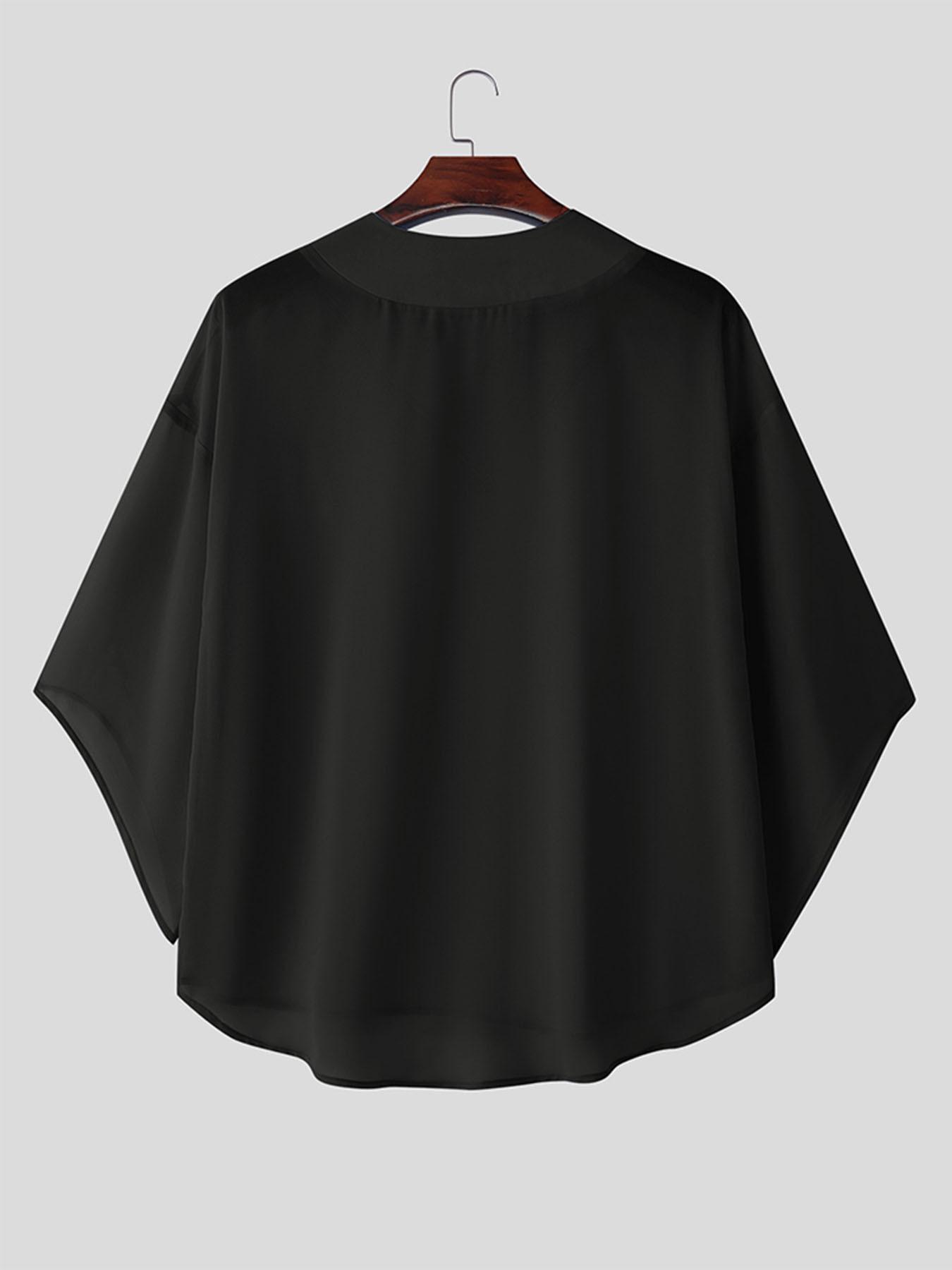 INCERUN Men's Fashion Casual Solid Color Transparent Seven-Quarter Sleeve T-Shirt, Perfect for Summer Daily or Vacation Wear